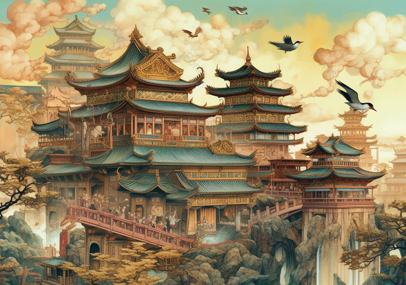 国潮复古古建筑祥云背景插画,插画/手绘图,插画/手绘图库,插画/手绘图下载,插画/手绘